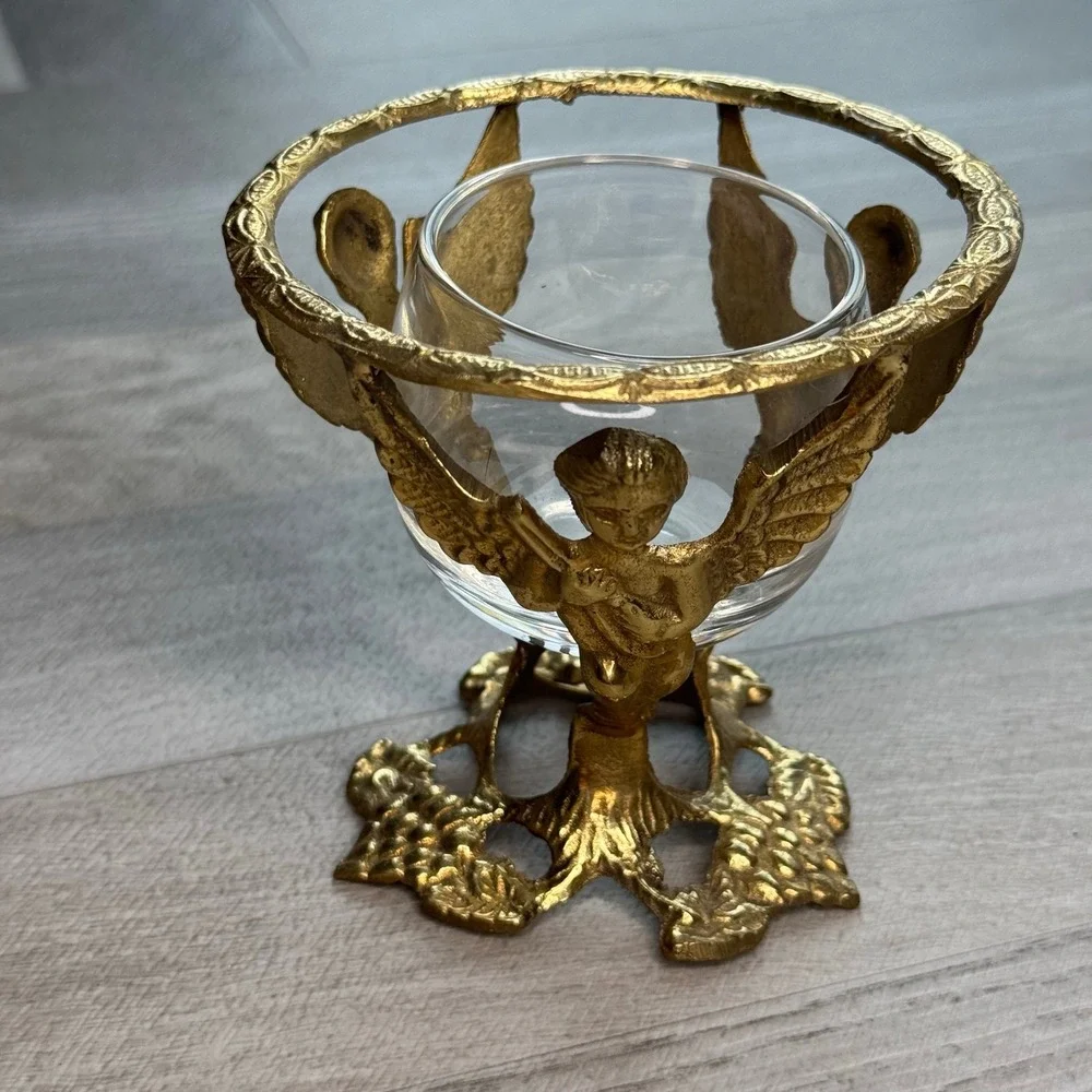 Ornate Angel Cherub Candle Holder Glass Insert Brass Tone Tabletop Decor